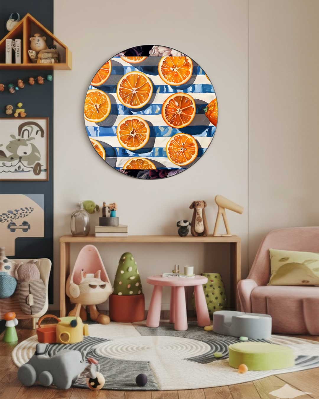 Oranje Citrus Splash Wandkunst Muurcirkel-WallArtistic