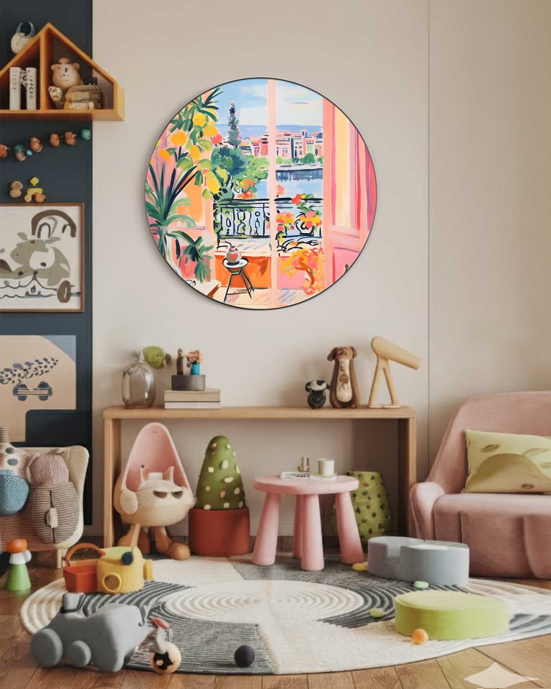 Zonnige Balkon Uitzicht Muurcirkel-WallArtistic