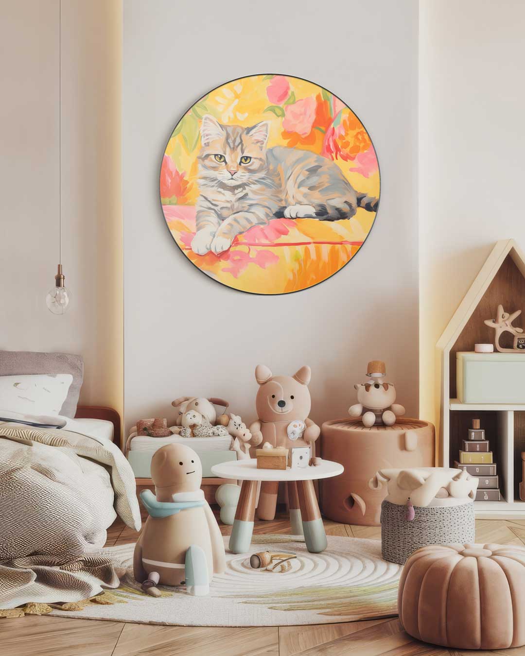 Lief Katje op Bloeiende Achtergrond Muurcirkel-WallArtistic