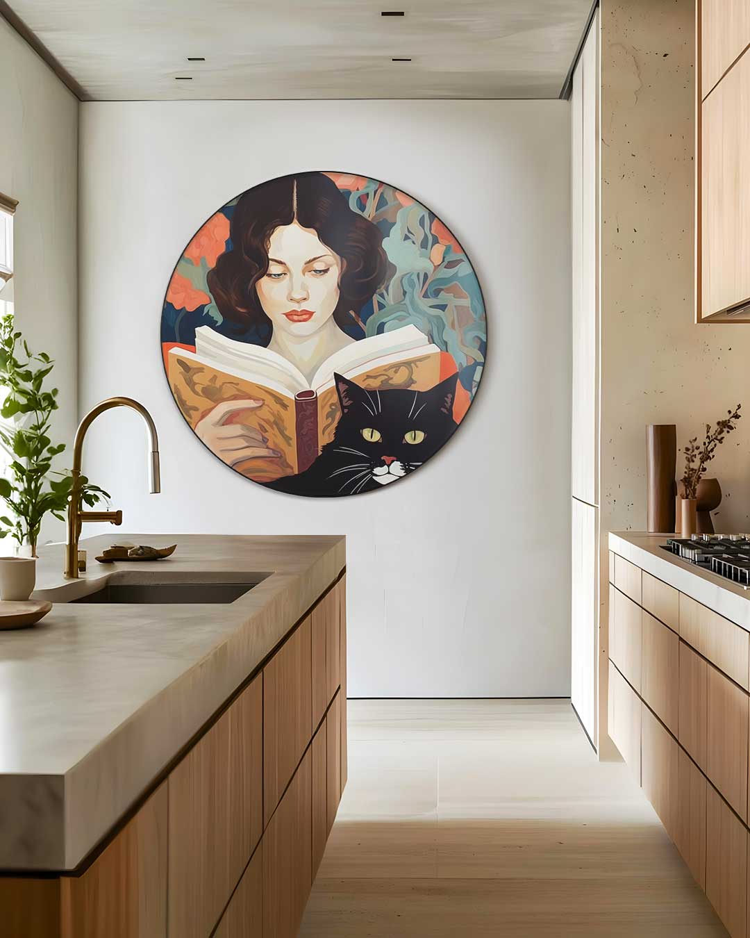 Chique Muurcirkel met Lezende Dame en Kat-WallArtistic