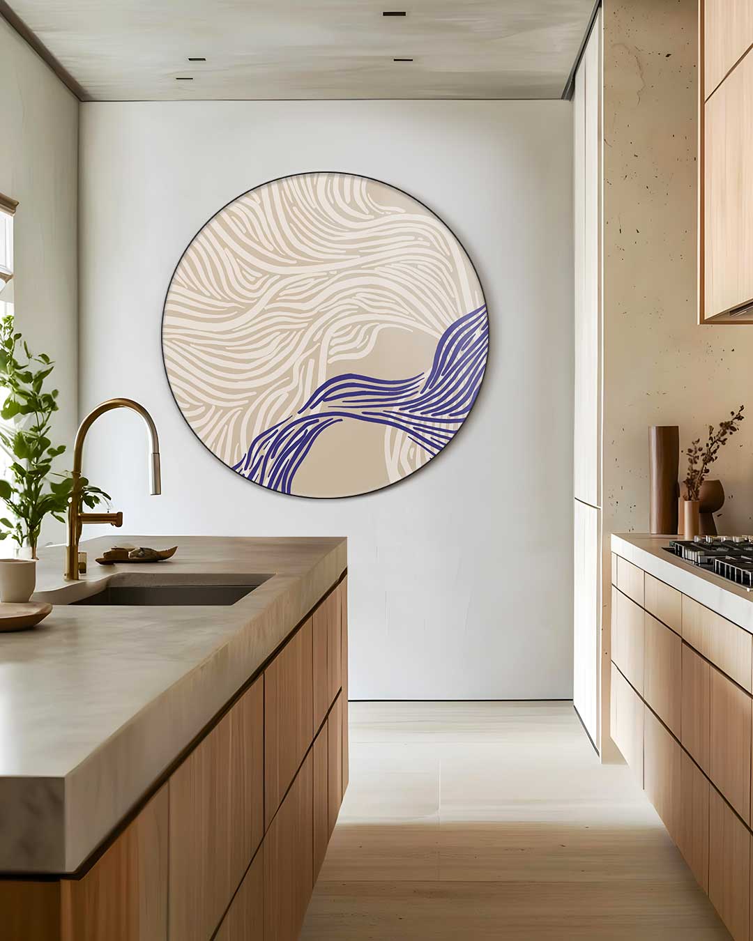 Artistieke Muurcirkel Beige en Blauw-WallArtistic