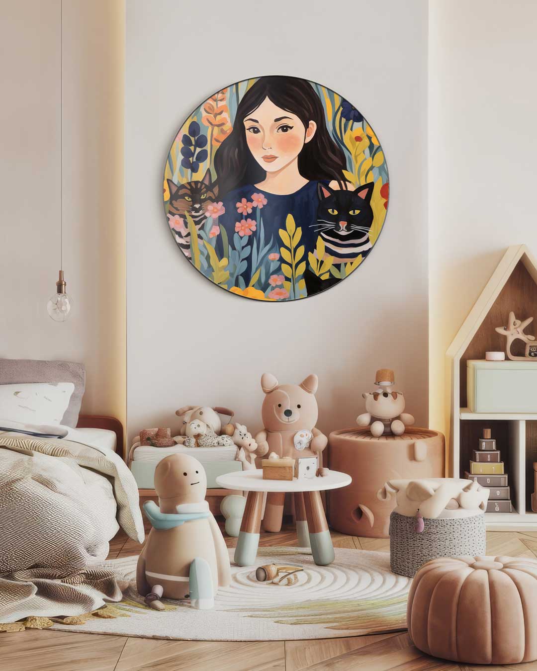 Vrolijke Vrouw en Katten Bloemen Muurcirkel-WallArtistic