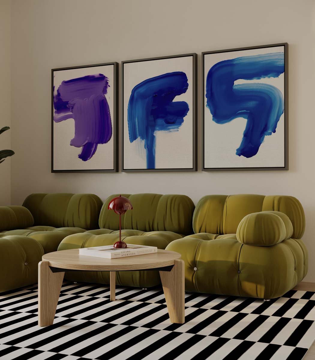 Abstracte penseelstreken in blauw en paars Kunstwerk-canvas-dibond-plexiglas-wanddecoratie-WallArtistic