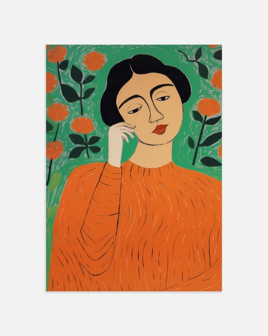 Vrouw met oranje trui en bloemenachtergrond Poster