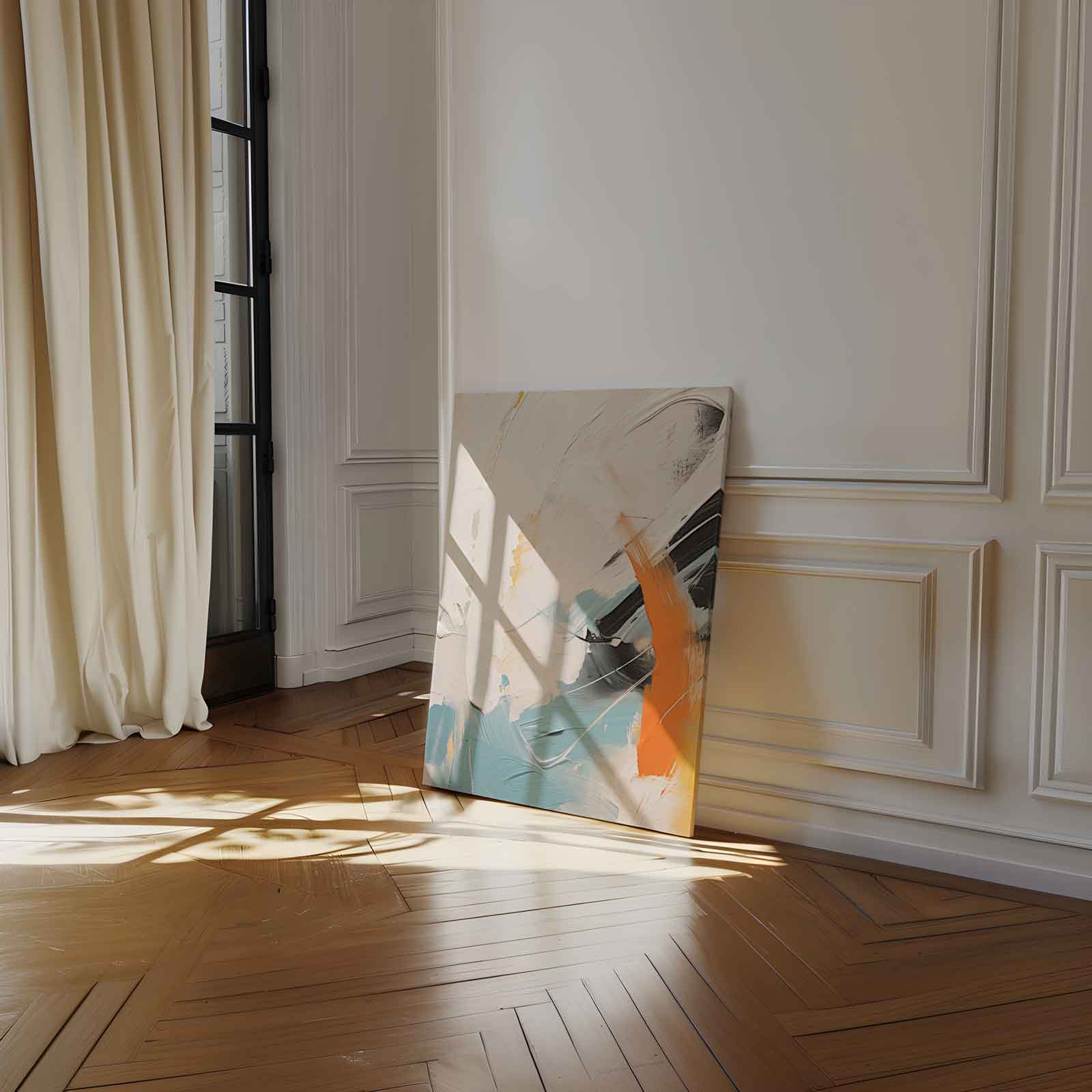 Abstracte kleurbeweging met oranje accent