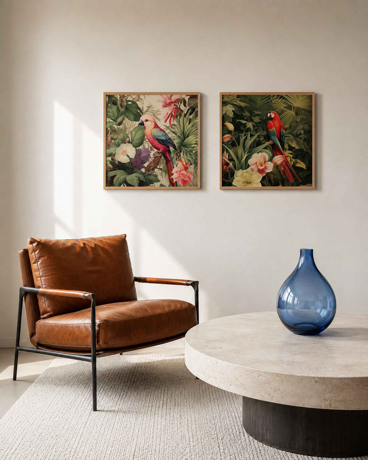 Interieurpresentatie van een tweedelige vierkante posterset met papegaaien tussen tropische bloemen