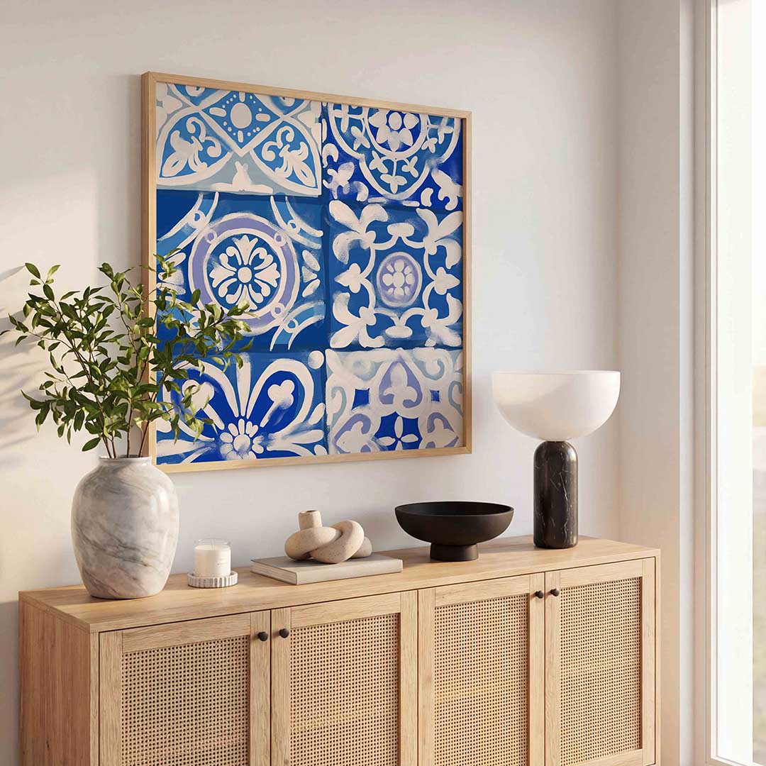 Blauwe tegelpatronen Poster