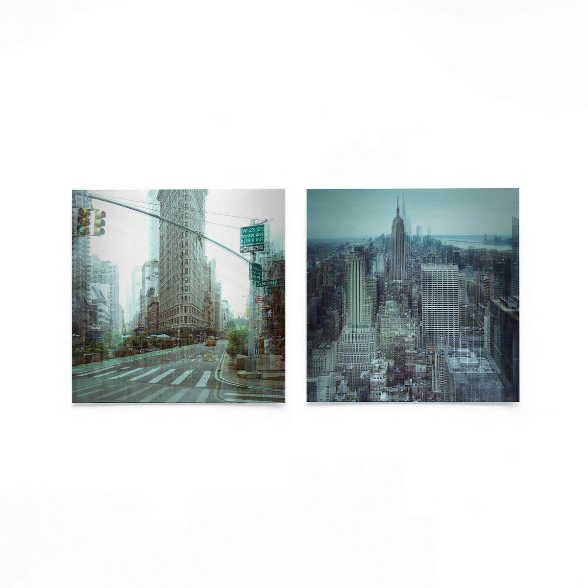 Productfoto van twee vierkante posters met stadslagen in teal – Gerald Emming