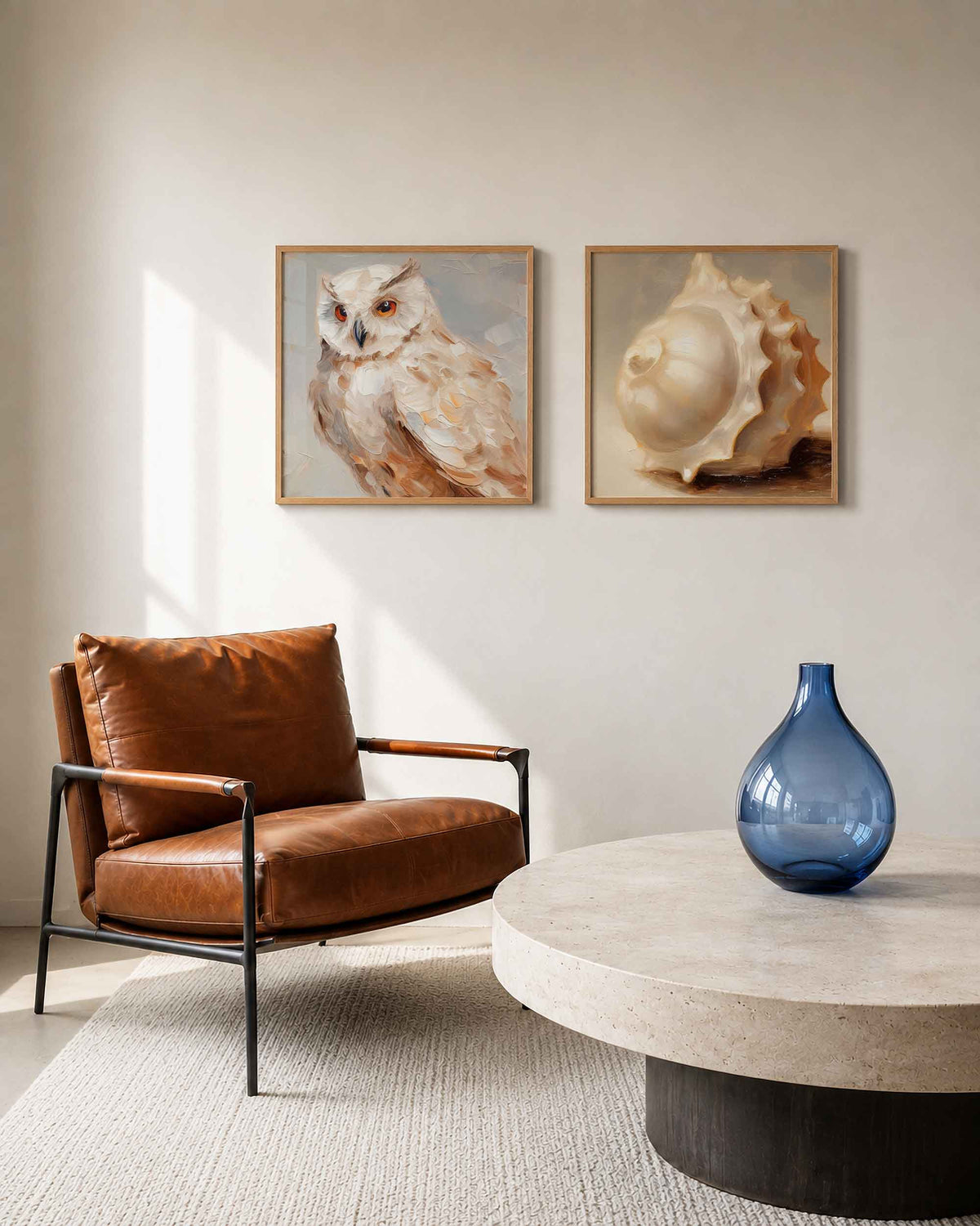 Interieurpresentatie van een tweedelige vierkante posterset met uil en haan