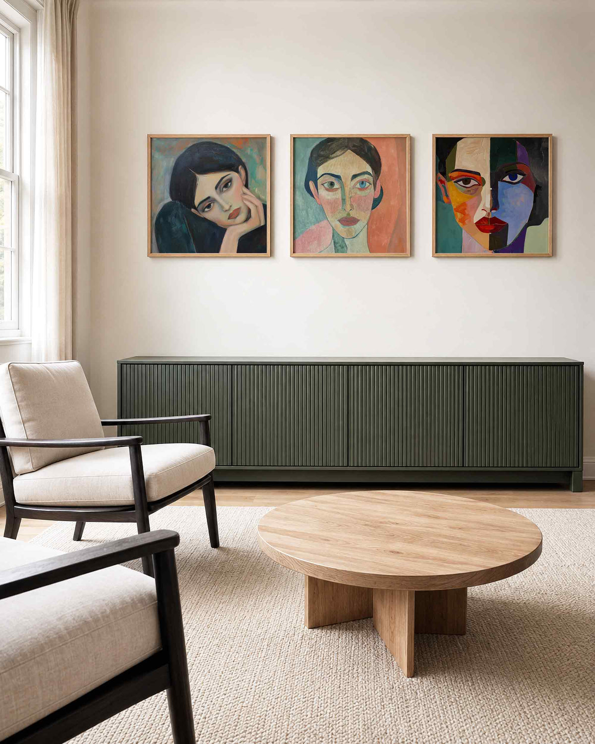 Interieurpresentatie van een driedelige vierkante posterset met abstracte portretten