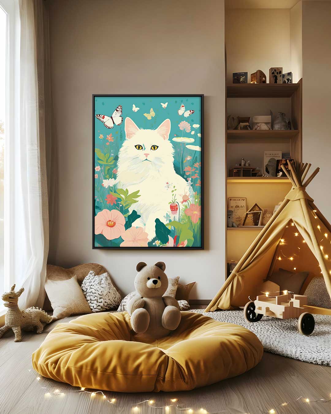 Dromerige Kat in Bloementuin Kunstwerk