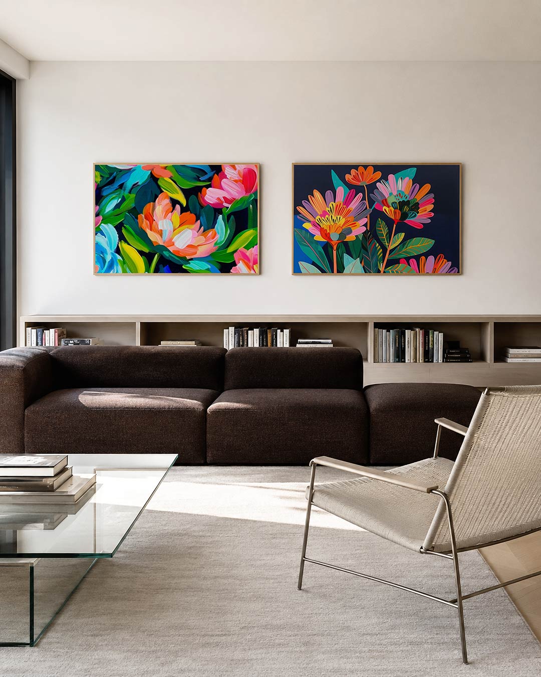 Twee liggende posters met kleurrijke bloembladen en bladeren, aan de muur in een interieur
