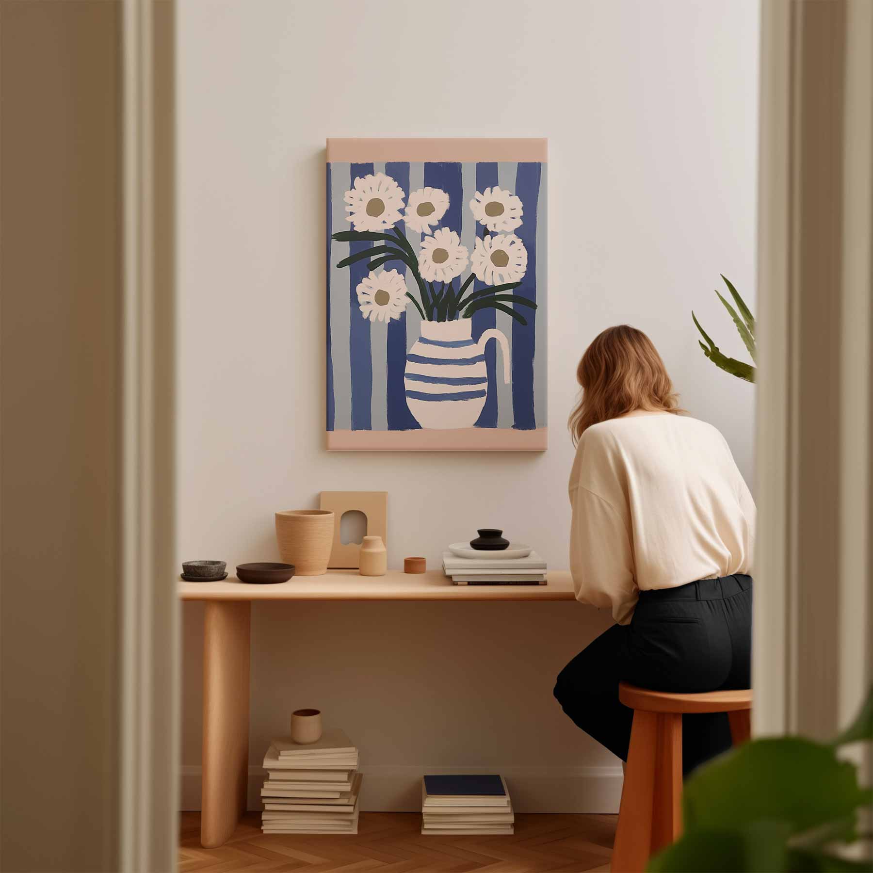 Bloemen in Blauwe Strepen Kunstwerk-canvas-dibond-plexiglas-wanddecoratie-WallArtistic