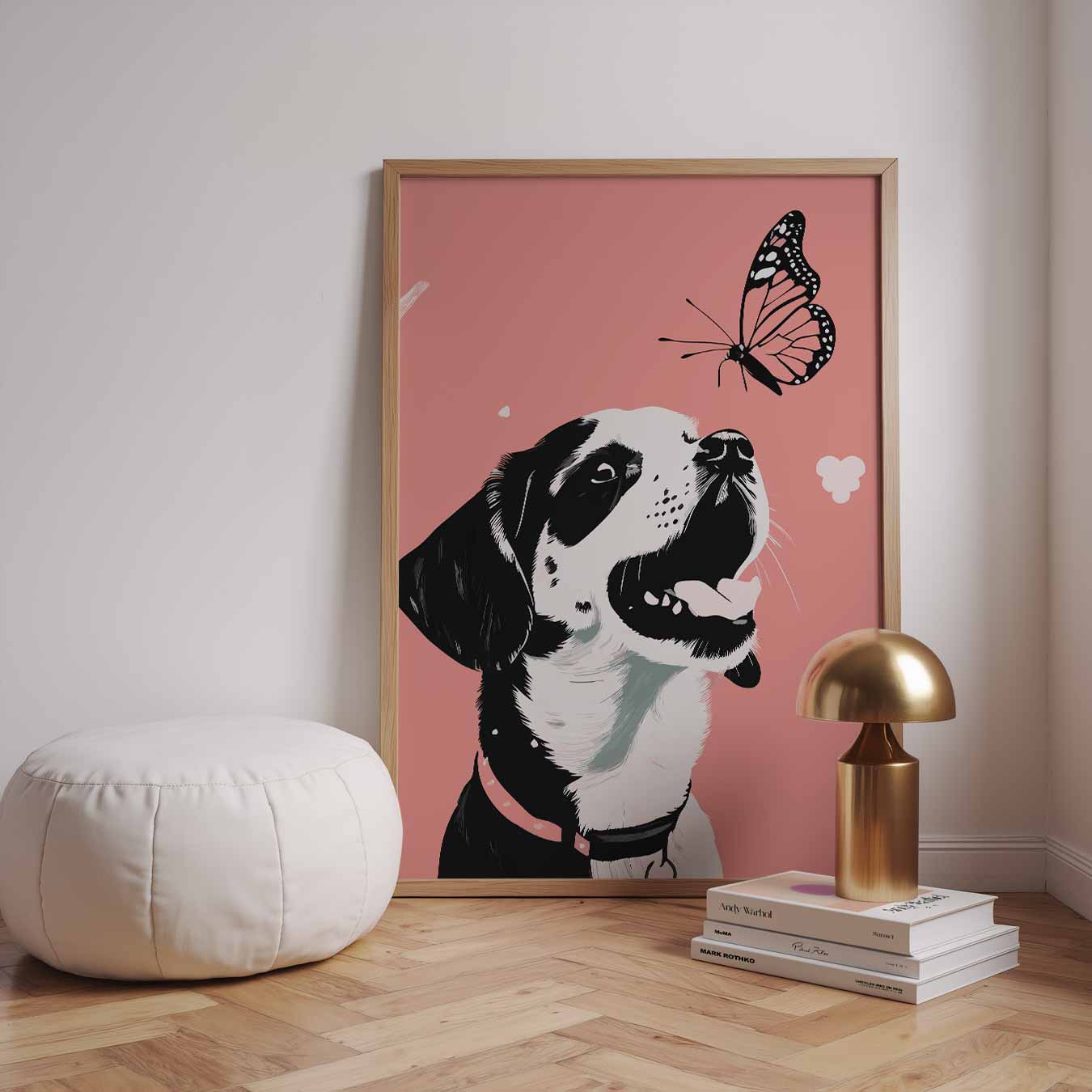 Vrolijke Hond en Vlinder Poster-WallArtistic