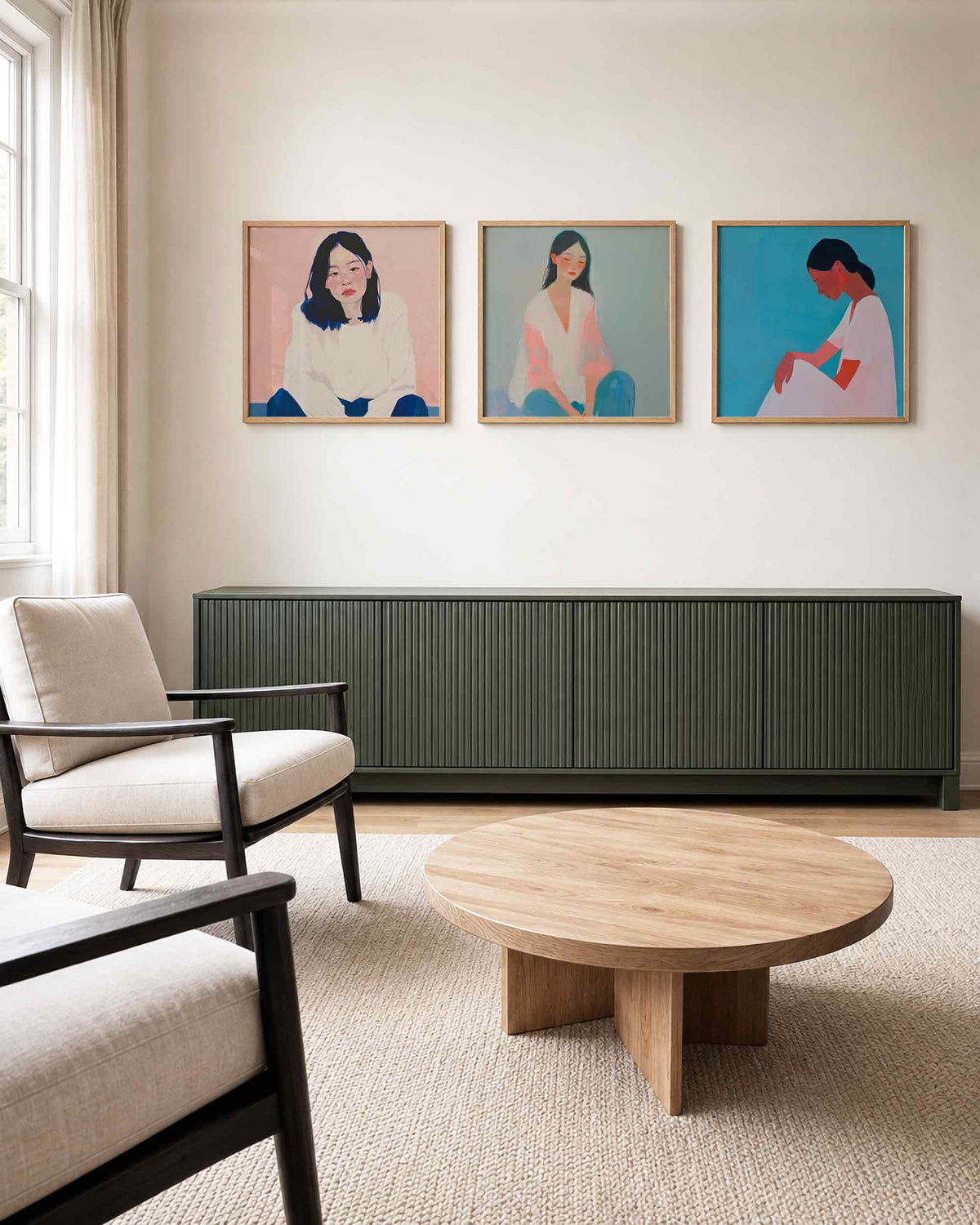 Interieurpresentatie van een driedelige vierkante posterset met vrouwelijke portretten