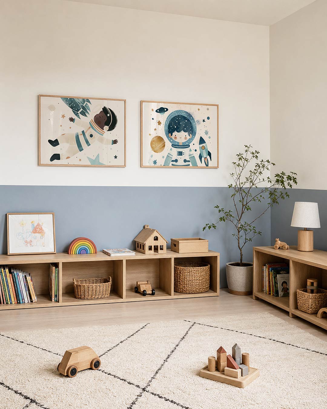 Tweedelige posterset met een speelse compositie met een astronaut in een ruimtepak, getoond in een interieur