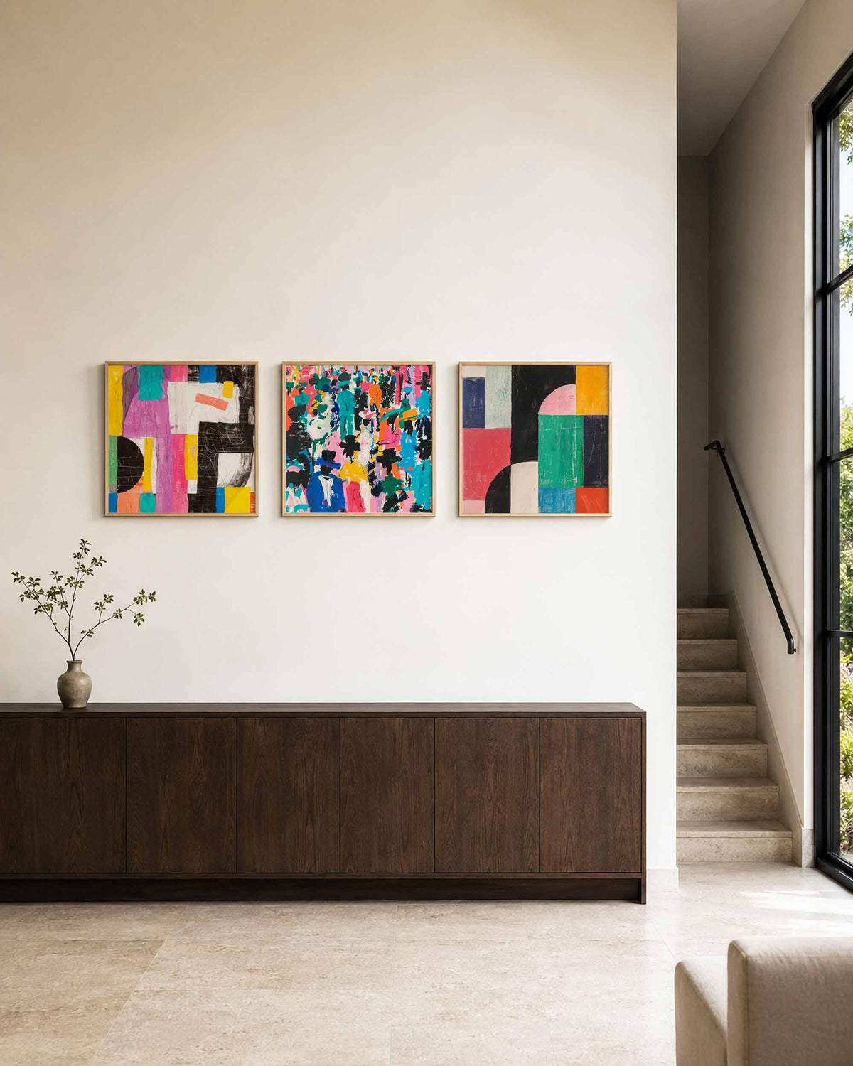 Interieurpresentatie van een driedelige vierkante posterset met kleurrijke abstracte