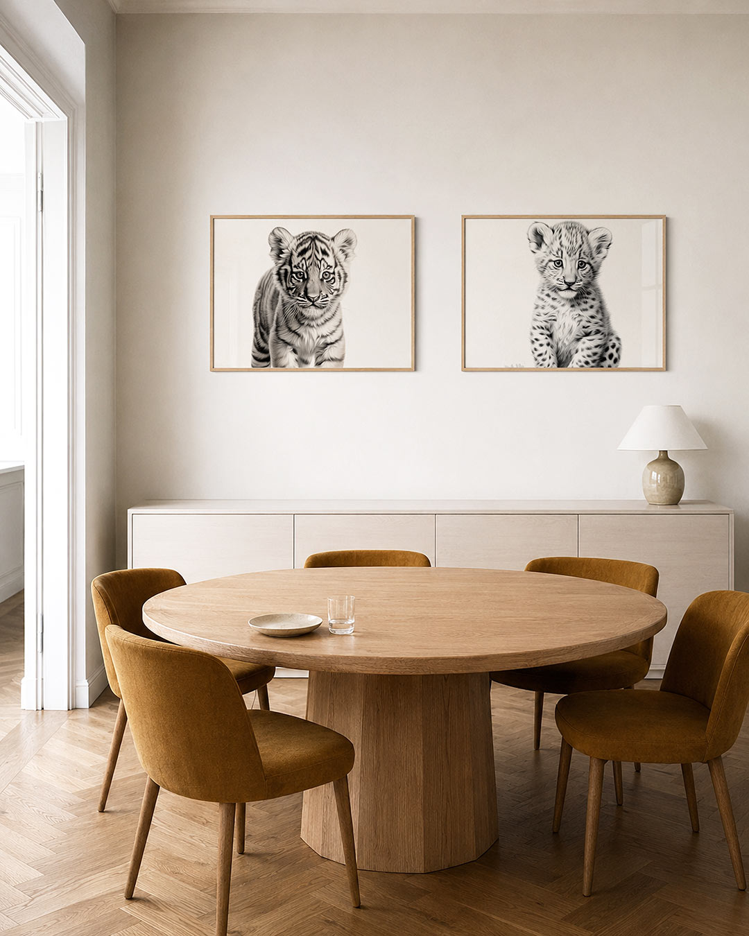 Interieurpresentatie van twee posters met een schattige tijgerwelp met gedetailleerde strepen en zachte, vloeiende lijnen