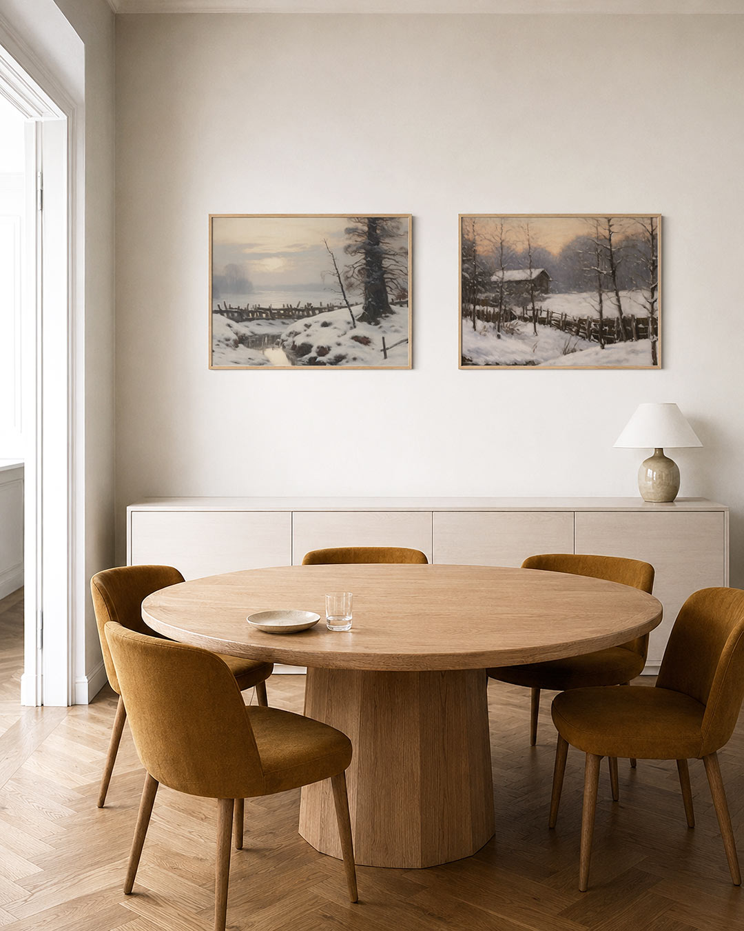 Tweedelige posterset met een serene winterlandschap met zachte sneeuwvlakken, getoond in een interieur