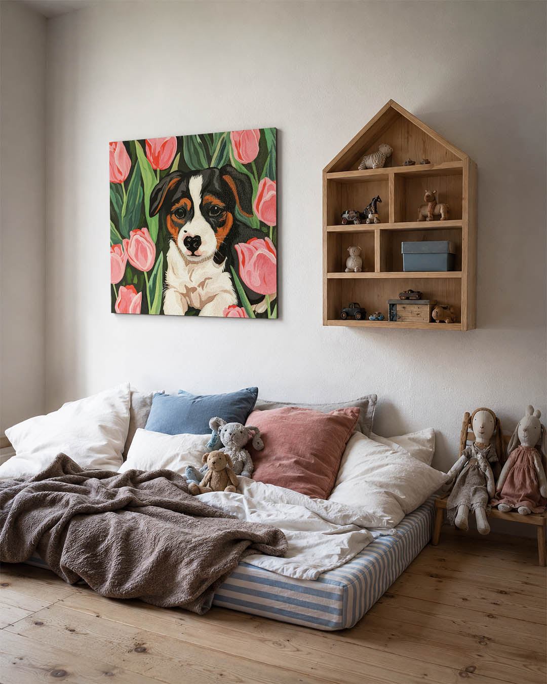 Hond tussen tulpen Kunstwerk