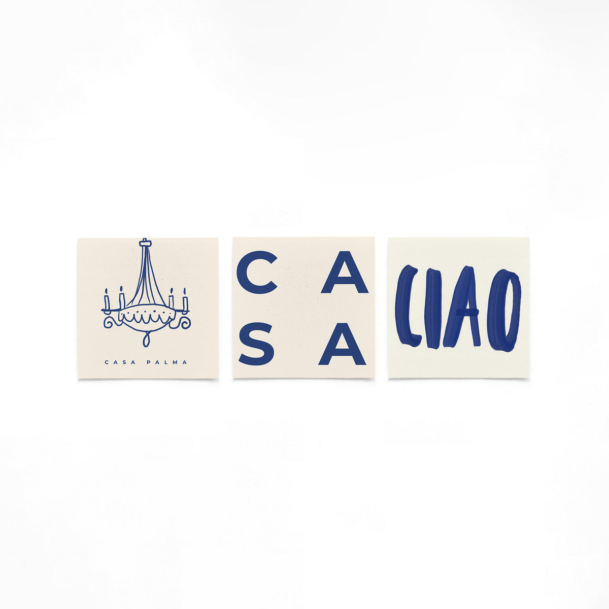 Drie vierkante posters met casa palma chao op een gebroken witte achtergrond