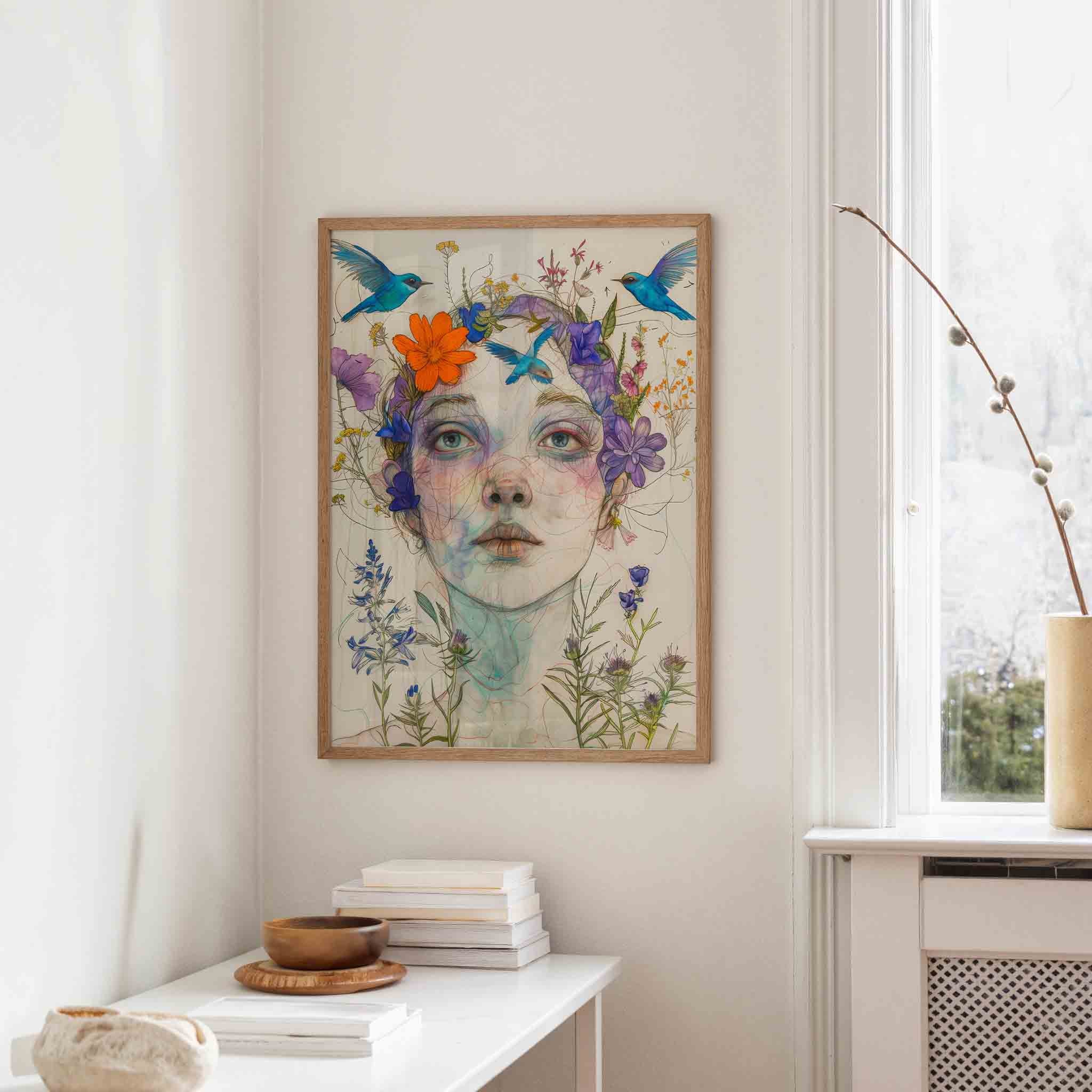 Vrouw met bloemen en vogels Poster