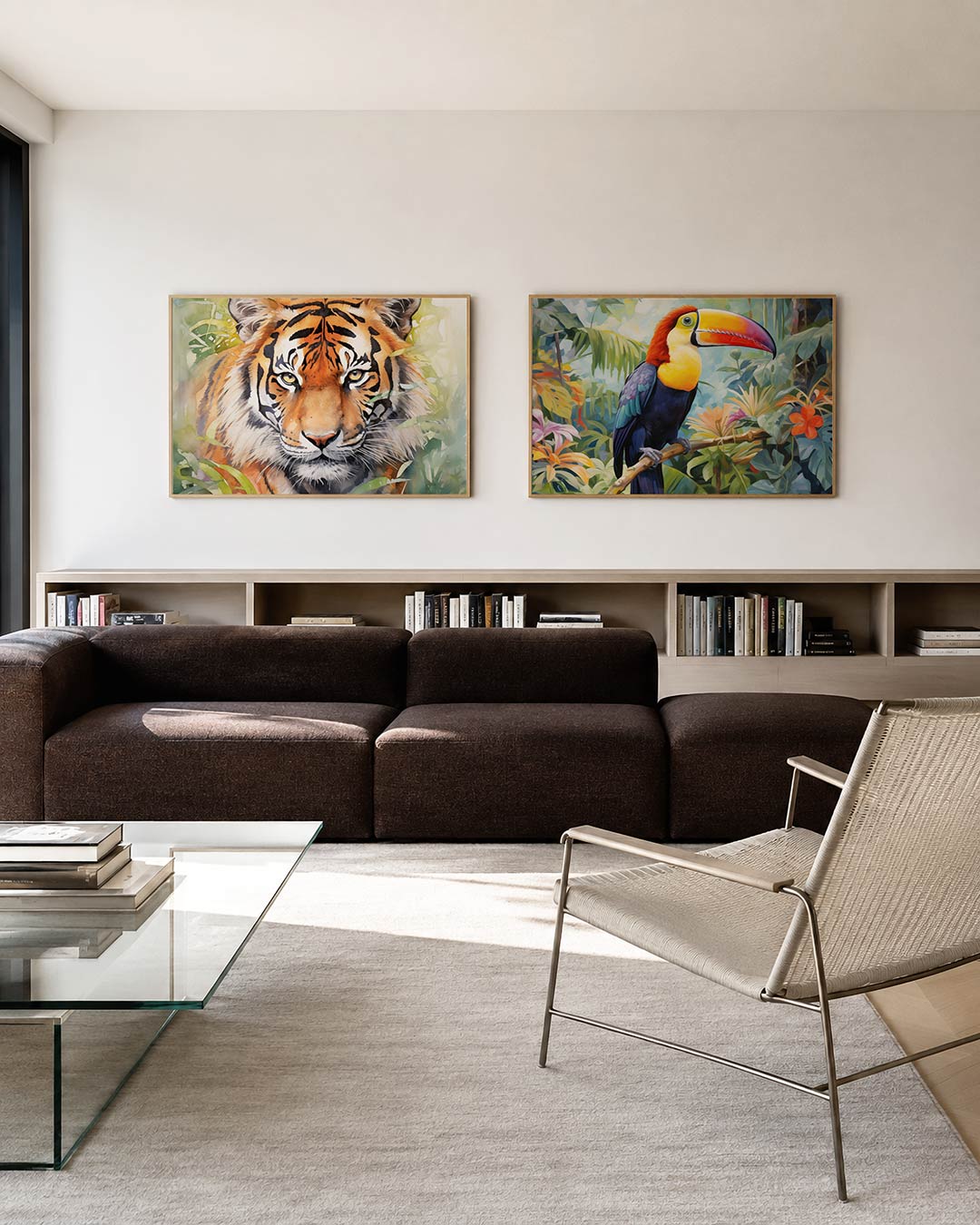 Twee liggende posters met een tijgerkop tussen zachte groene bladeren, aan de muur in een interieur