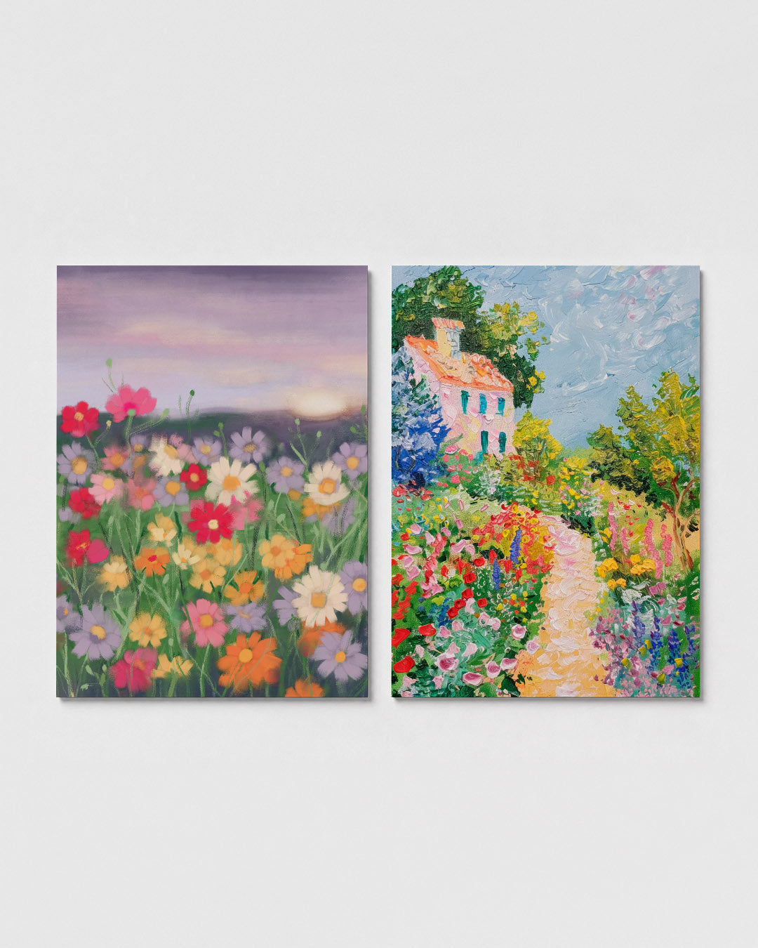 Bloemenveld bij zonsondergang Posterset