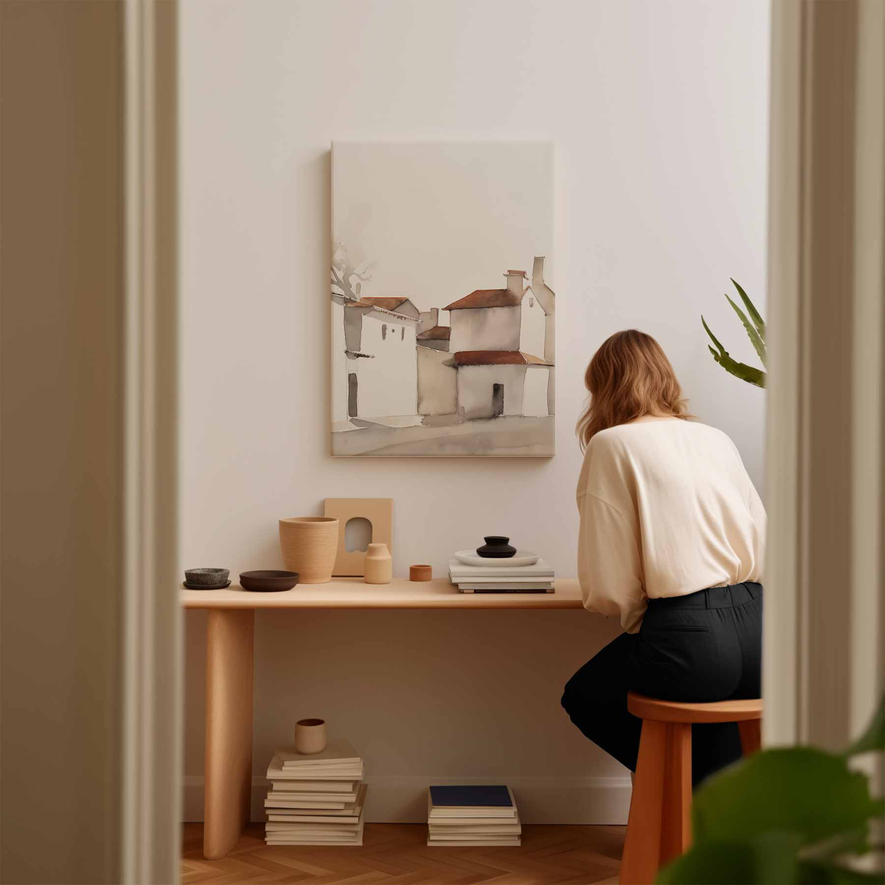 Sereen Dorp in Aquarel Kunstwerk-canvas-dibond-plexiglas-wanddecoratie-WallArtistic