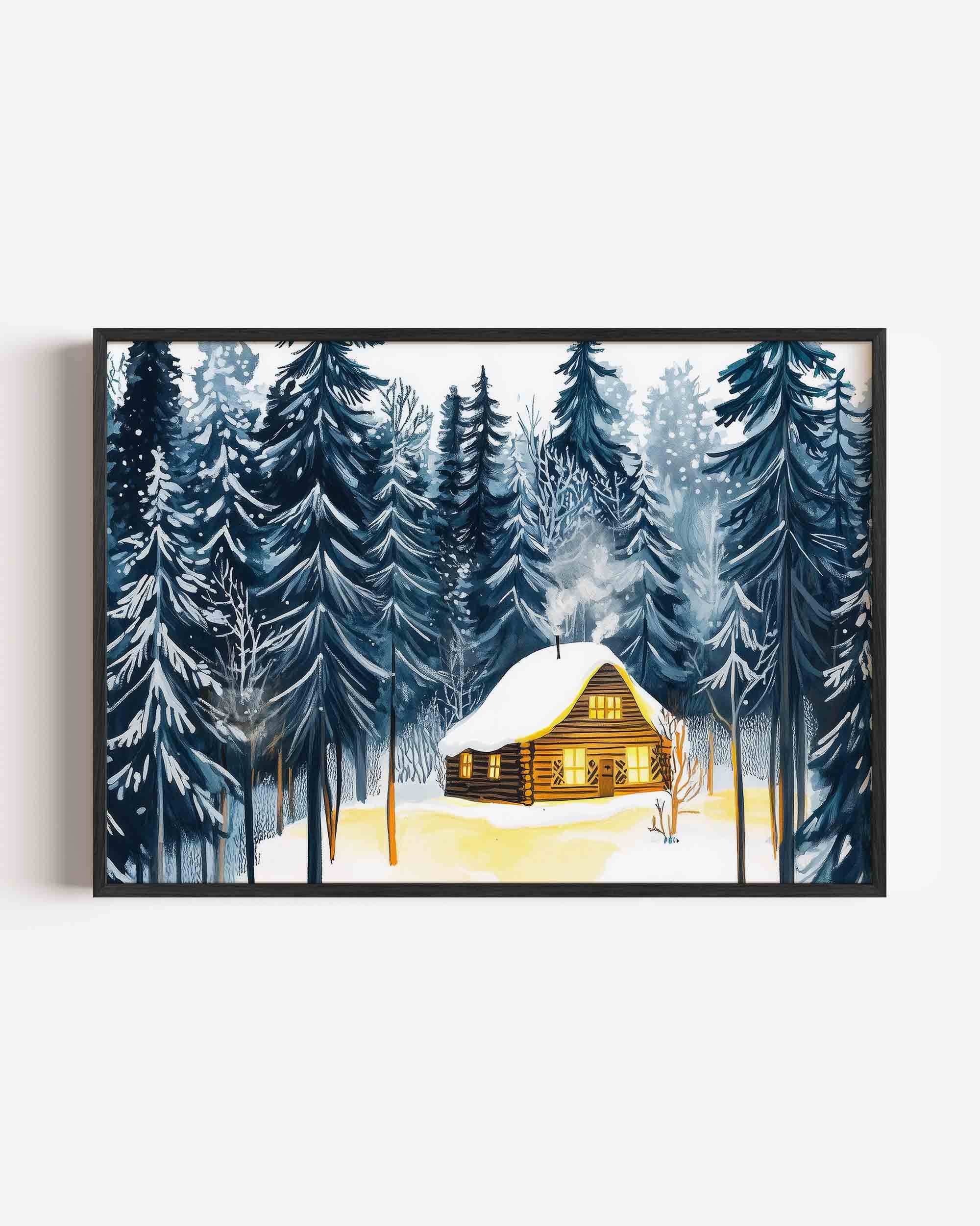 Winterlandschap met houten huis Poster