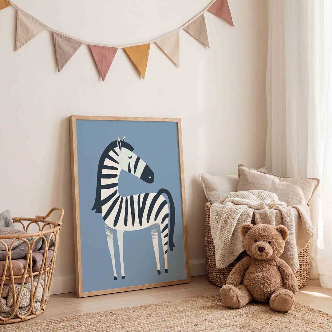 Zebra op blauwe achtergrond Poster