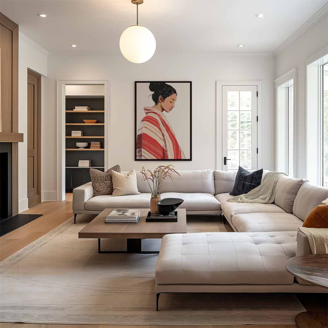 Vrouw in Rood-Wit Geblokte Kimono Kunstwerk-canvas-dibond-plexiglas-wanddecoratie-WallArtistic