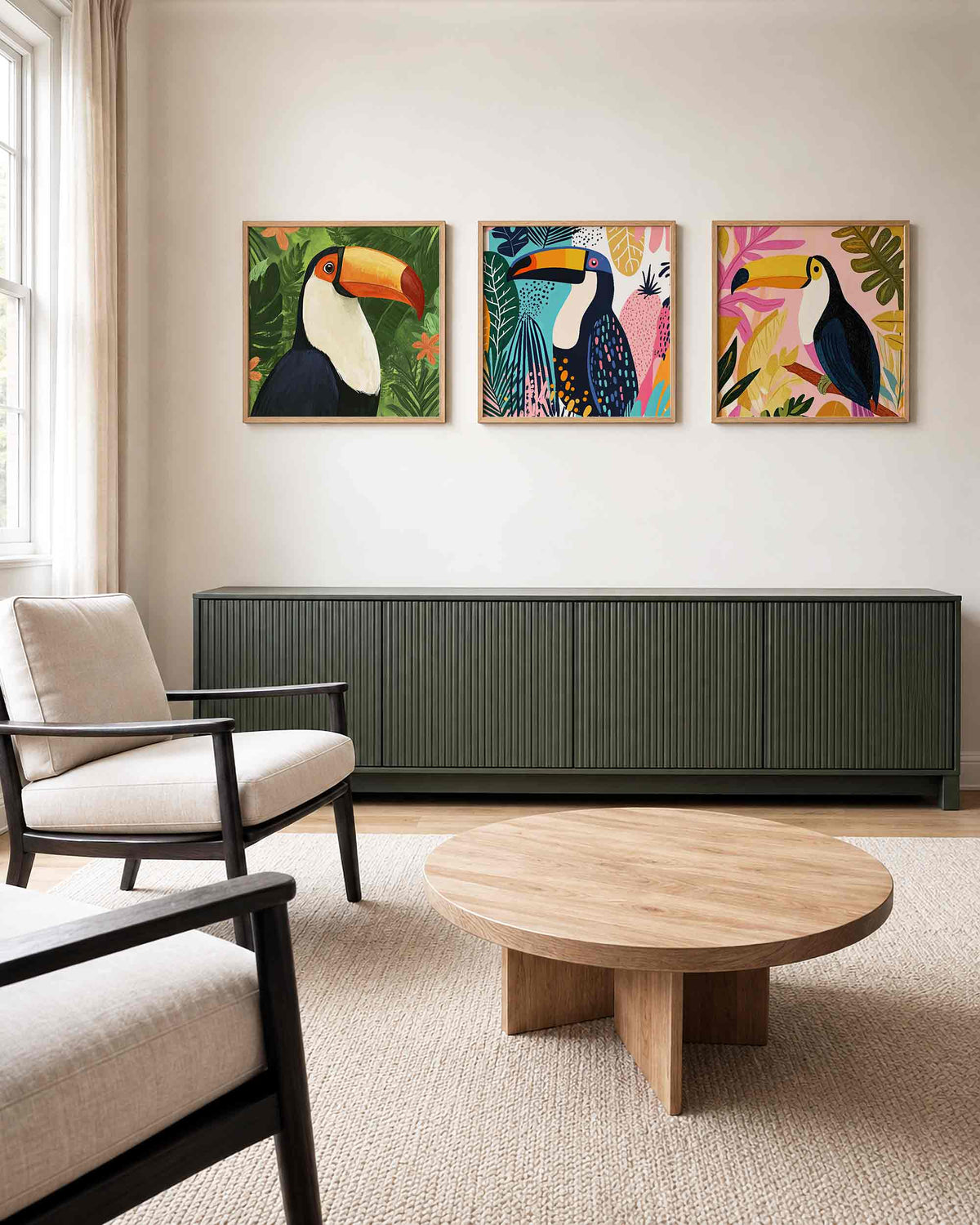 Interieurpresentatie van een driedelige vierkante posterset met toekans in tropisch gebladerte