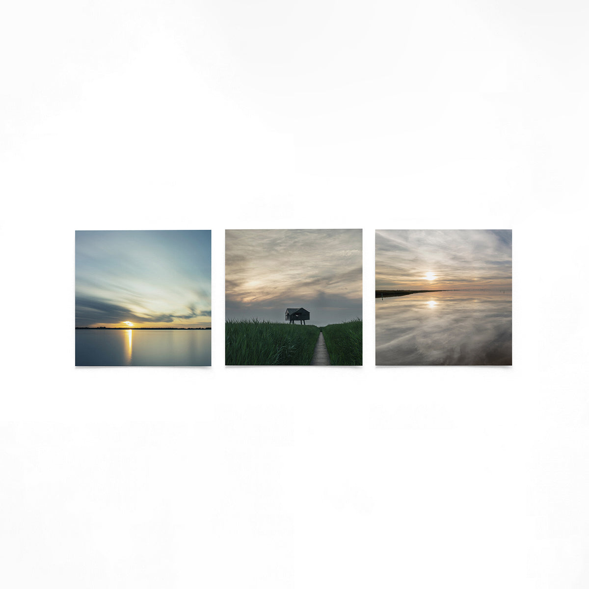 Productfoto van drie vierkante posters met stilte aan het water – Gerald Emming