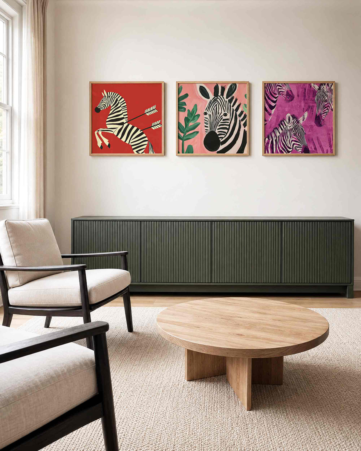 Interieurpresentatie van een driedelige vierkante posterset met zebra portretten