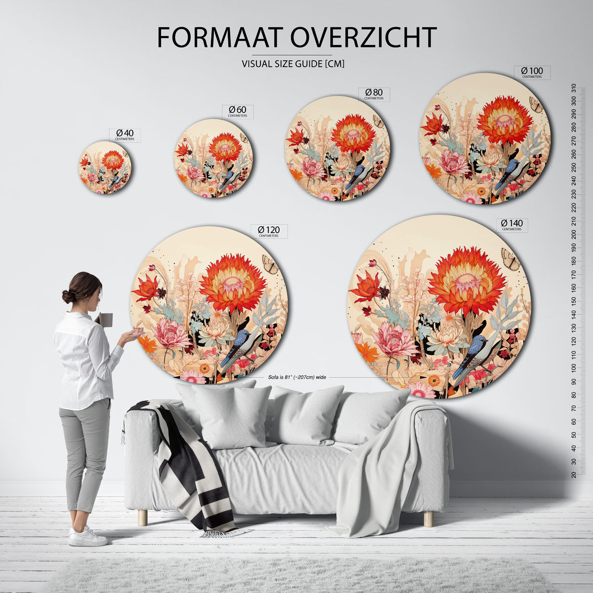 Bloemen en vogel Muurcirkel