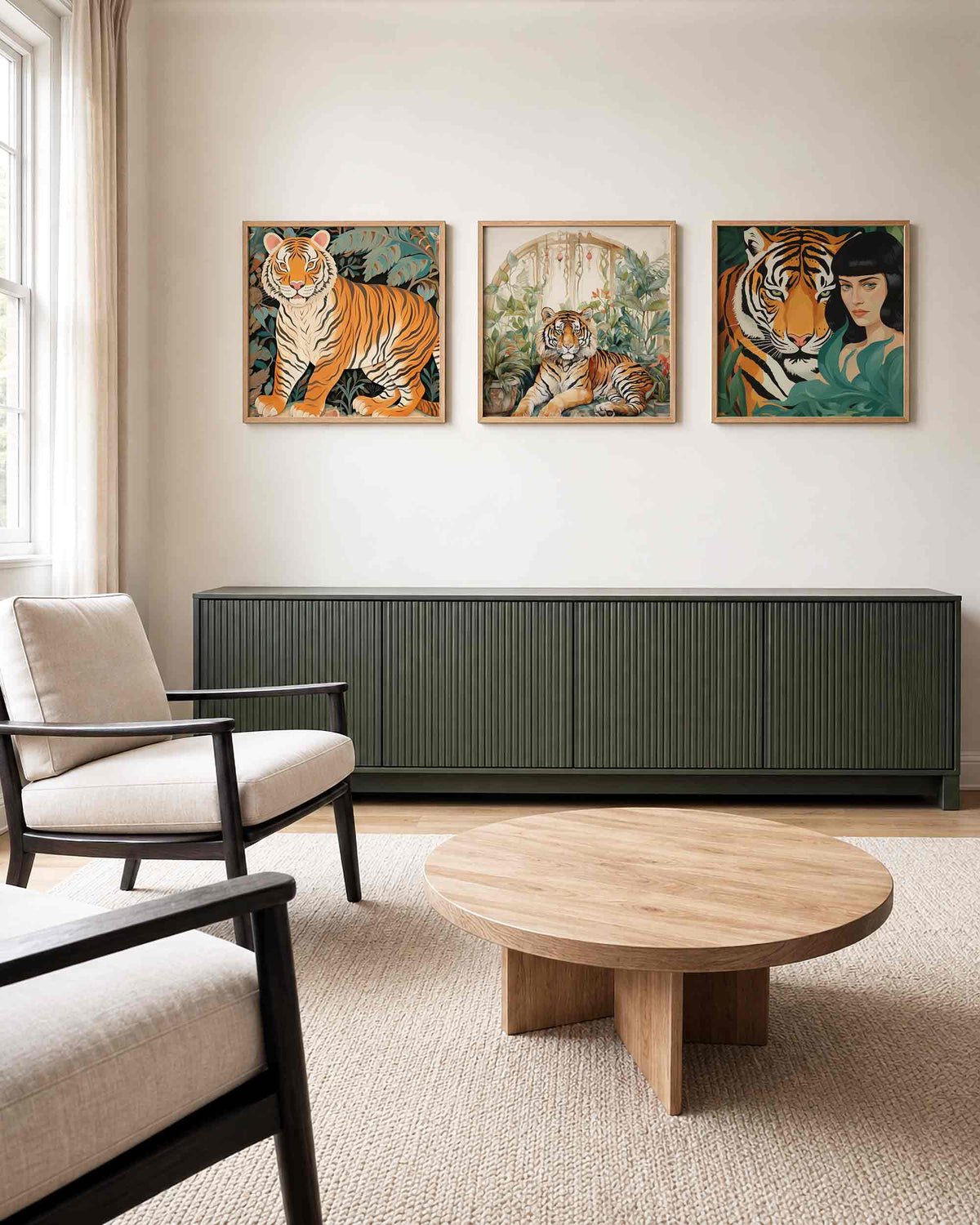 Interieurpresentatie van een driedelige vierkante posterset met tijgers in het groen