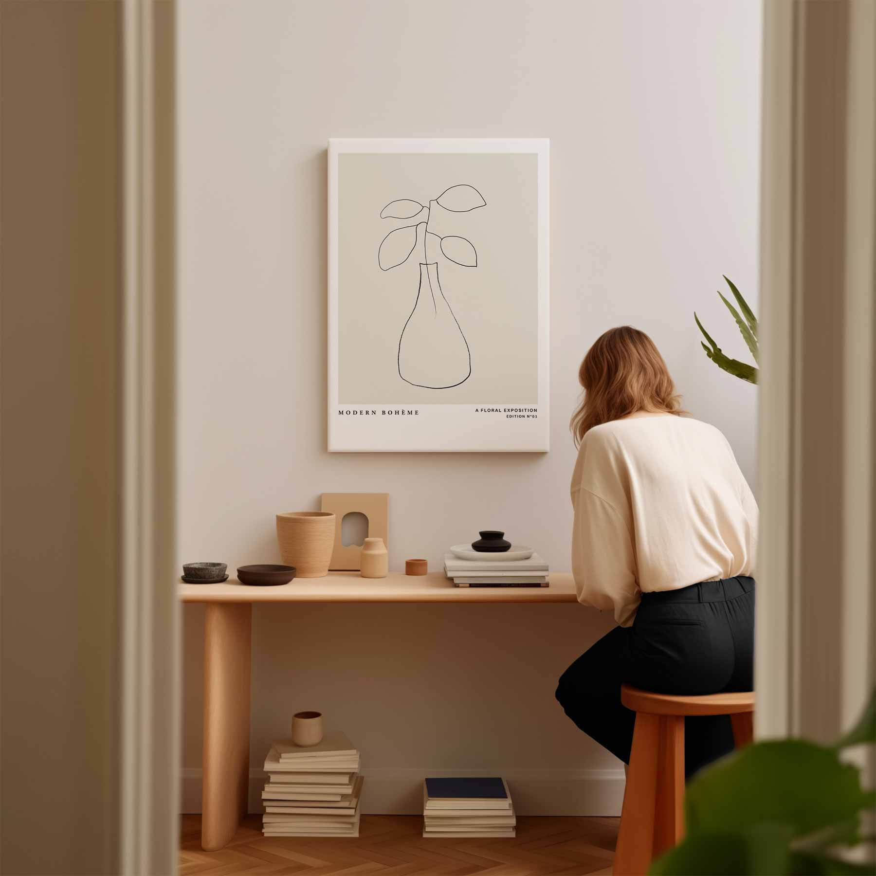 Moderne Boho Bloemenlijn Kunstwerk-canvas-dibond-plexiglas-wanddecoratie-WallArtistic