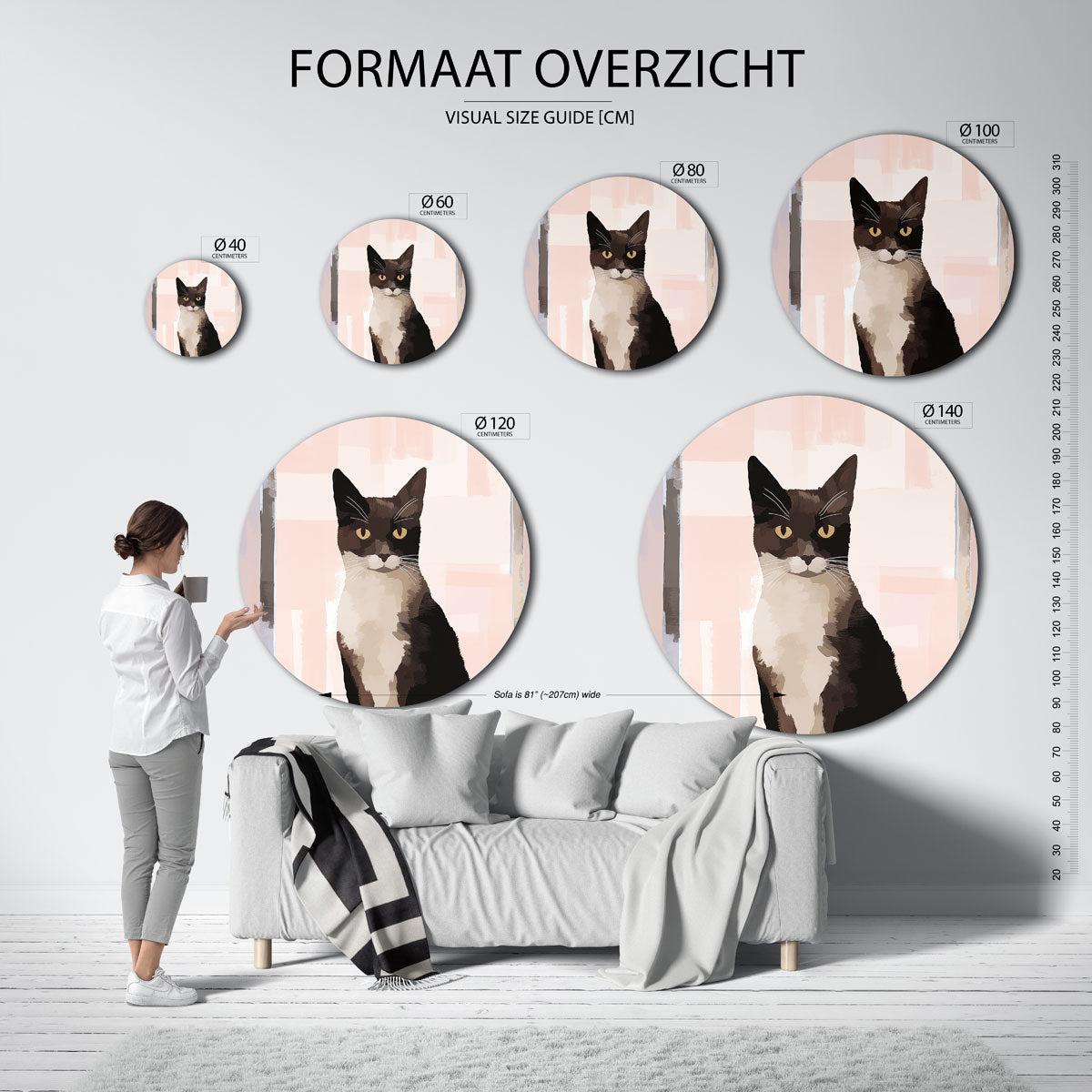 Kat met roze achtergrond Muurcirkel