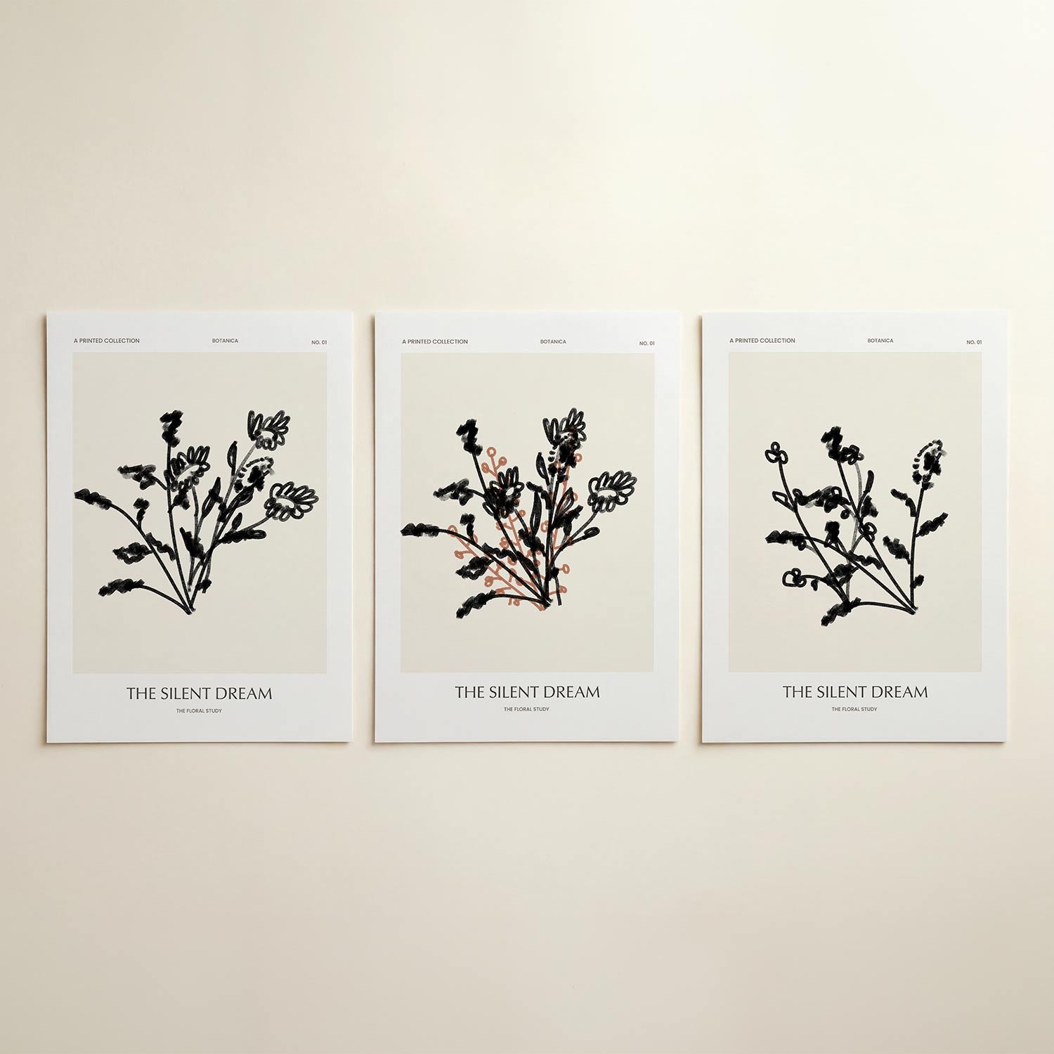 Zwart wit bloemlijnen Posterset