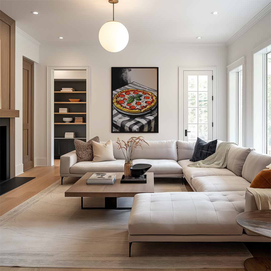 Sfeervolle Pizza op Tafel Kunstwerk-canvas-dibond-plexiglas-wanddecoratie-WallArtistic