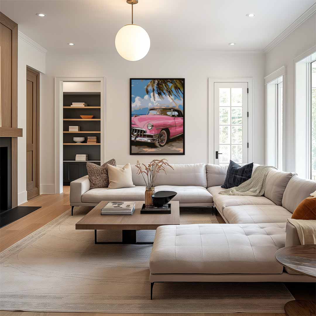 Roze Oldtimer aan het Strand Kunstwerk-canvas-dibond-plexiglas-wanddecoratie-WallArtistic
