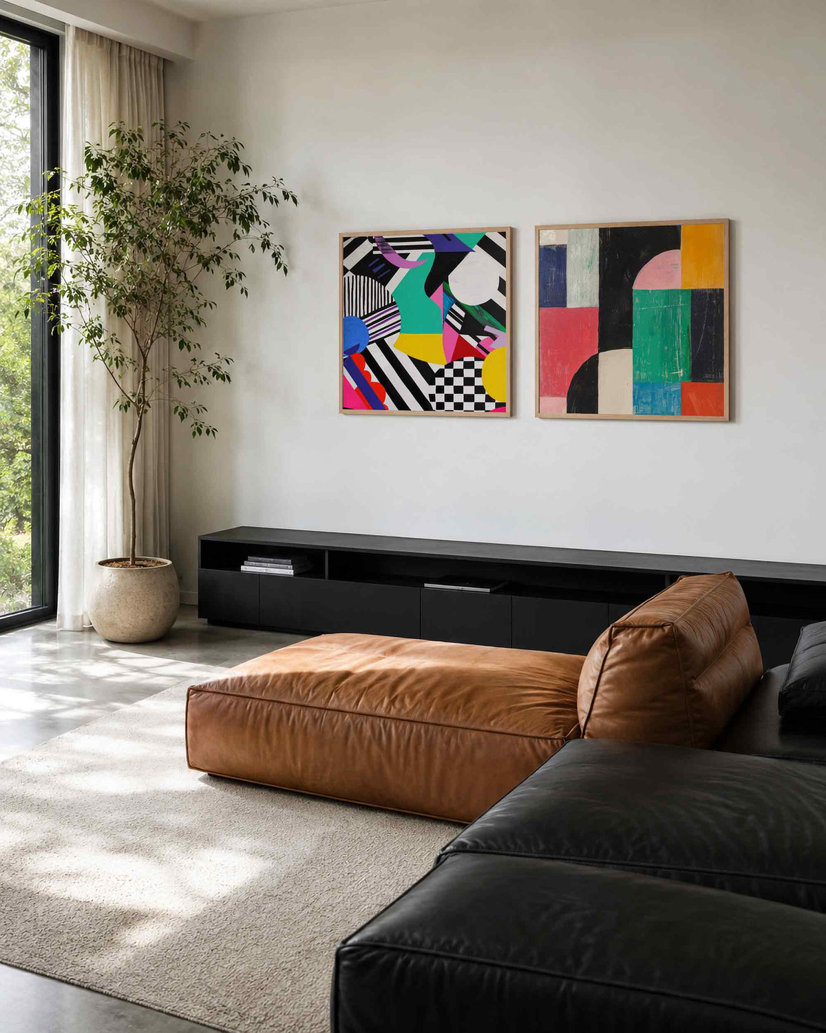 Interieurpresentatie van een tweedelige vierkante posterset met geometrische vormen