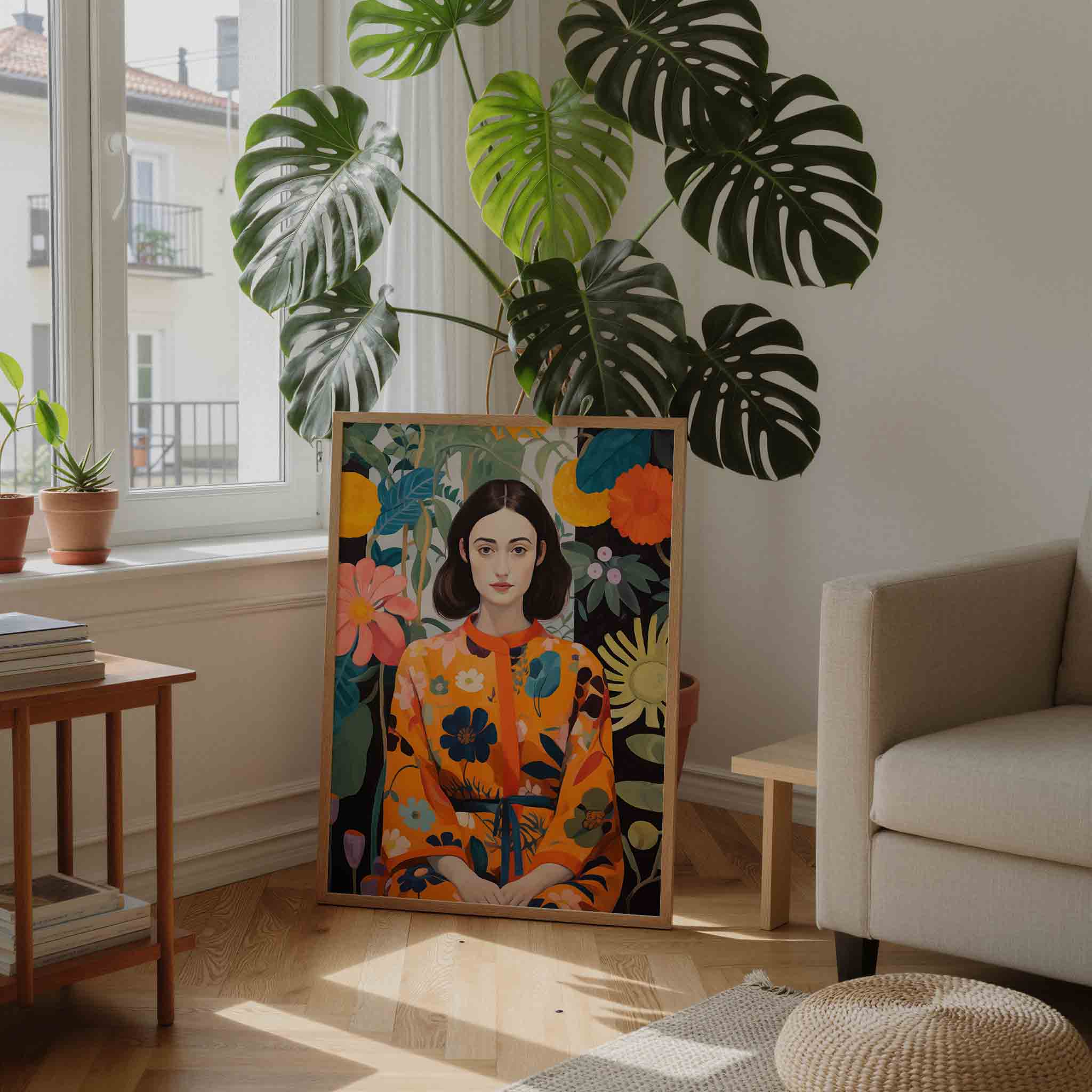 Vrouw in bloemenjurk Poster