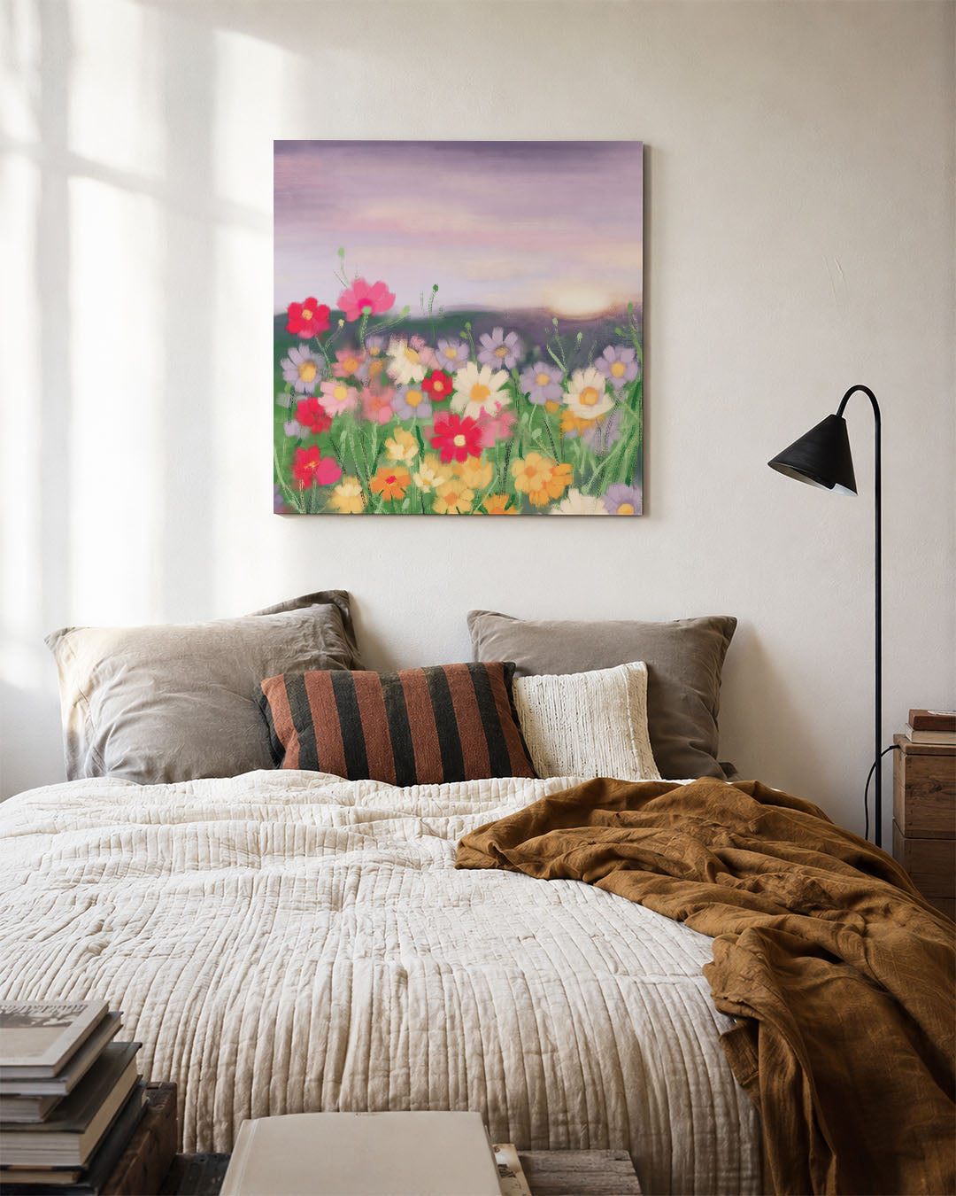 Bloemenveld bij zonsondergang Kunstwerk