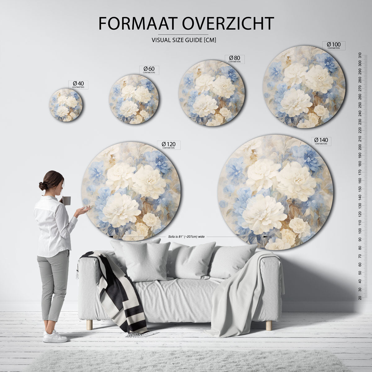 Bloemen in blauw en beige Muurcirkel