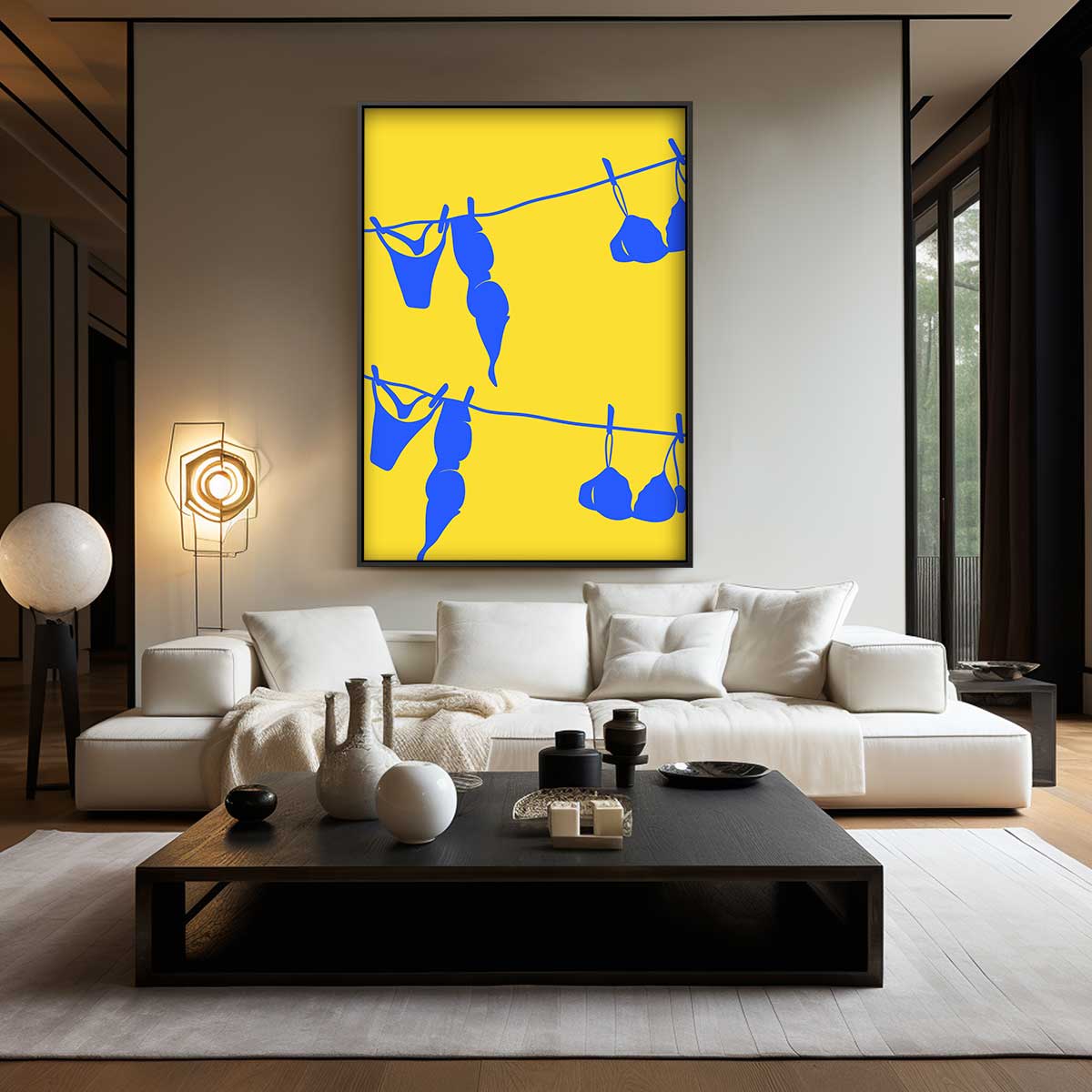 Blauw Wasgoed op Gele Draad Kunstwerk-canvas-dibond-plexiglas-wanddecoratie-WallArtistic