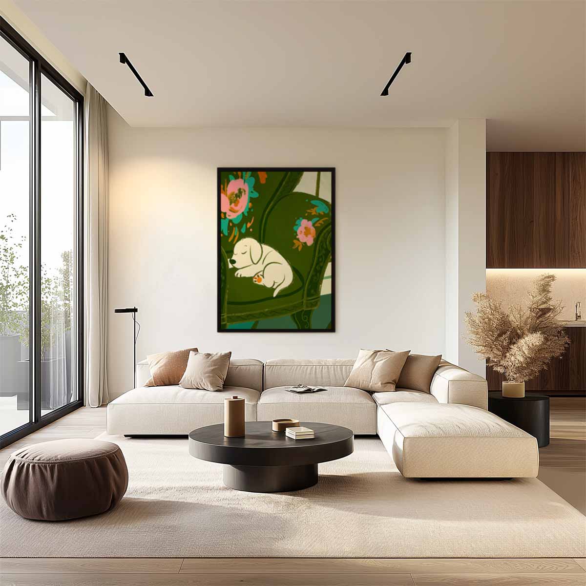 Slaapende Pup op Gebloemde Stoel Kunstwerk-canvas-dibond-plexiglas-wanddecoratie-WallArtistic