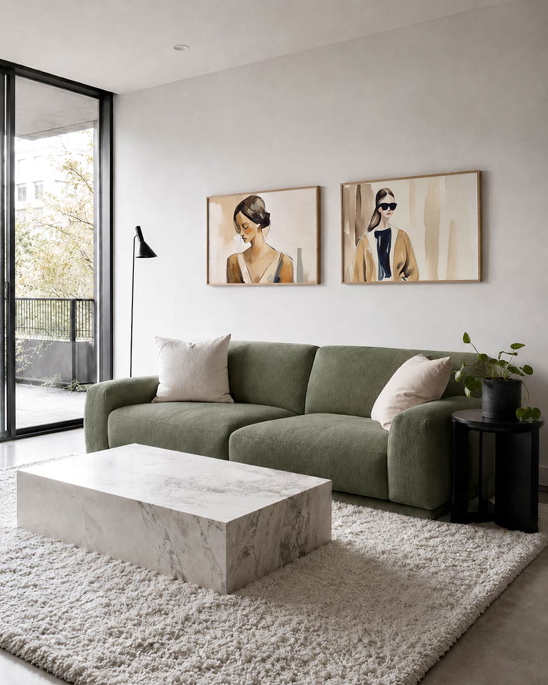 Twee liggende posters met een vrouw in zijaanzicht, aan de muur in een interieur