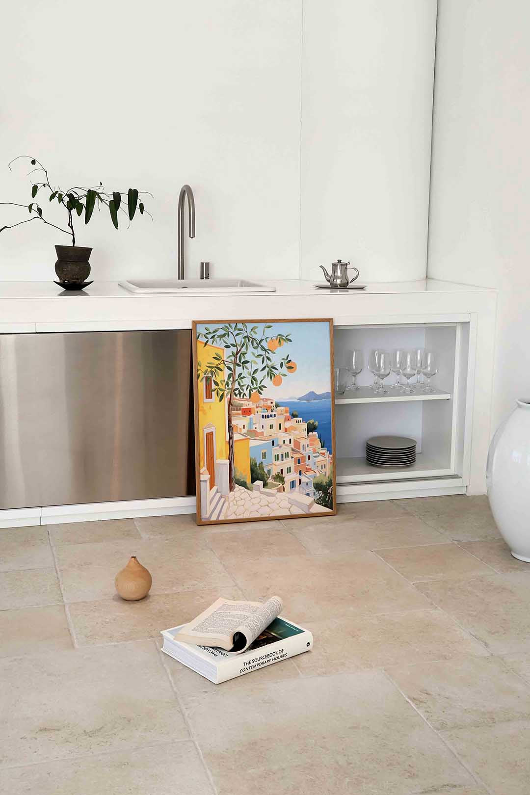 Mediterrane huizen en sinaasappelboom Poster